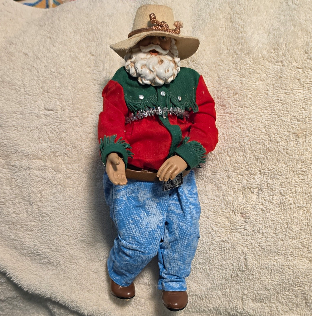VTG Possible Dreams Clothique Cowboy Santa Claus Fabric Freestanding Figure 10"